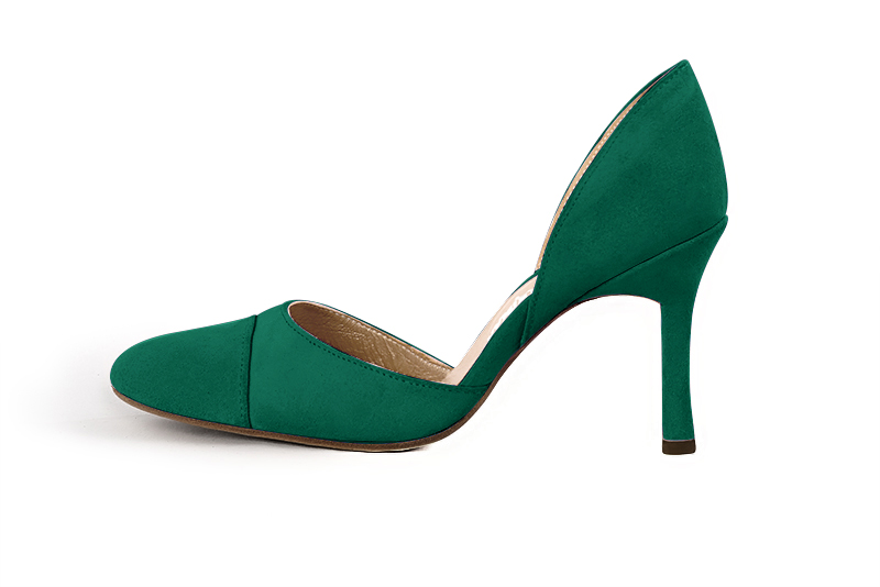 Emerald green women's open arch dress pumps. Round toe. Very high slim heel. Profile view - Florence KOOIJMAN